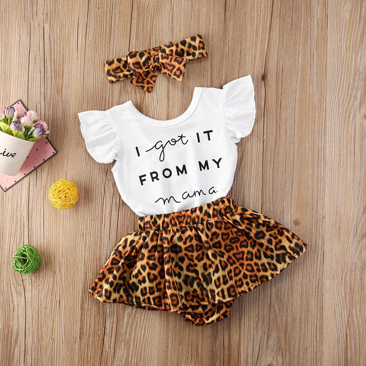 Leopard Outfits Set for 0-24 Month Infant Girls: Letter Bodysuit + Shorts + Headband Adorable Infant Clothing 