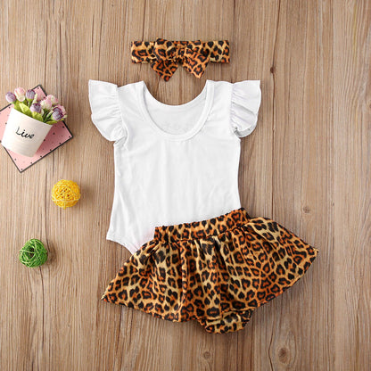 Leopard Outfits Set for 0-24 Month Infant Girls: Letter Bodysuit + Shorts + Headband Adorable Infant Clothing 