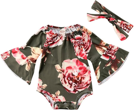 Freshborn Baby Girl Floral Bodysuit + Headband 2 Pieces Summer Fashion Jumpsuit with V-Sleeve 